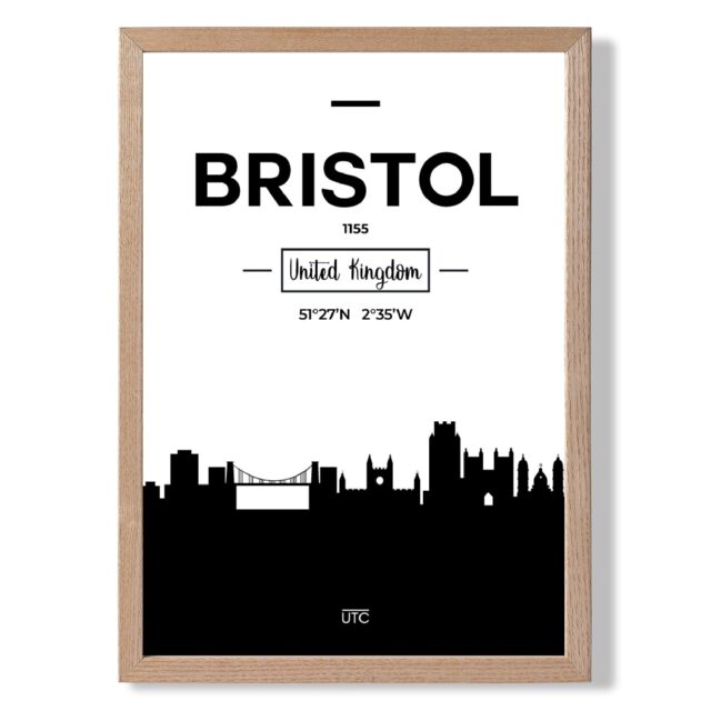 ARTZE Bristol Black & White City Skyline Framed Print SIZE: A4 with Oak Frame - image 1