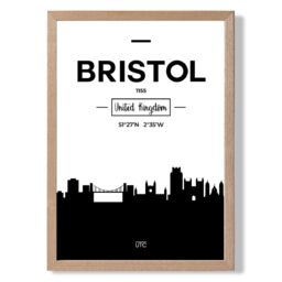 ARTZE Bristol Black & White City Skyline Framed Print SIZE: A4 with Oak Frame - thumbnail 1