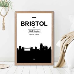 ARTZE Bristol Black & White City Skyline Framed Print SIZE: A4 with Oak Frame - thumbnail 2