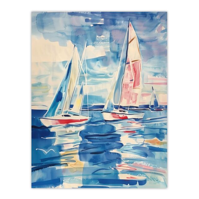 "Artery8 Sailboats at Sea Oil Painting Nautical Seascape Wall Art Print in Blue - Size: W12"" x H16""" - image 1
