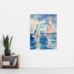 "Artery8 Sailboats at Sea Oil Painting Nautical Seascape Wall Art Print in Blue - Size: W12"" x H16""" - thumbnail 4