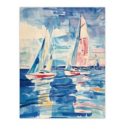 "Artery8 Sailboats at Sea Oil Painting Nautical Seascape Wall Art Print in Blue - Size: W12"" x H16""" - thumbnail 1