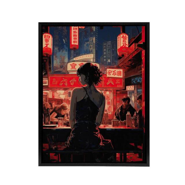 "Artery8 Cyberpunk Jazz Bar Neo Noir Anime Framed Canvas Wall Art Print in Red - Size: W12"" x H16""" - image 1