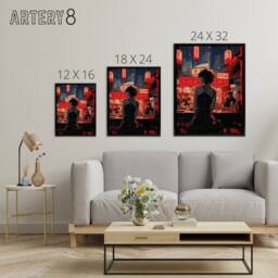 "Artery8 Cyberpunk Jazz Bar Neo Noir Anime Framed Canvas Wall Art Print in Red - Size: W12"" x H16""" - thumbnail 4