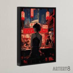 "Artery8 Cyberpunk Jazz Bar Neo Noir Anime Framed Canvas Wall Art Print in Red - Size: W12"" x H16""" - thumbnail 2