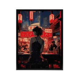 "Artery8 Cyberpunk Jazz Bar Neo Noir Anime Framed Canvas Wall Art Print in Red - Size: W12"" x H16""" - thumbnail 1