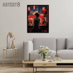 "Artery8 Cyberpunk Jazz Bar Neo Noir Anime Framed Canvas Wall Art Print in Red - Size: W12"" x H16""" - thumbnail 3
