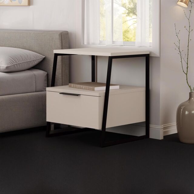 FWStyle Sandstone 1 Door Bedside Table Nightstand Black Metal in Beige - image 1