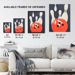 "Artery8 Bowling Ball Strike Knocked Pins Sport Fun Wall Art Print in Orange - Size: W12"" x H16""" - thumbnail 3