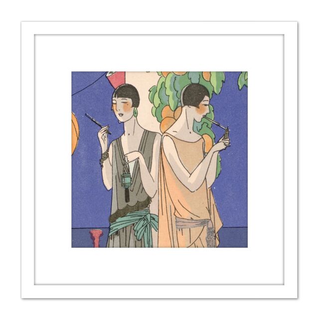 Artery8 Taste Beauty Women Leaves Smoking 1926 Painting 8X8 Inch Square Wooden Framed Wall Art Print Picture with Mount in White - image 1