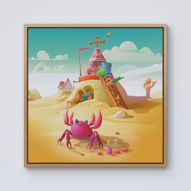 Warren Reed - Designer Pink Crab On A Beach Holiday Framed Canvas in Light Brown - Size: w40 inch x h40 inch - image 1