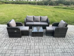 Fimous Garden Furniture Sets Wicker Rattan Furniture Patio Sofa Sets with Reclining Chair 3 Seater Sofa 2 Small Footstools in Dark Grey - thumbnail 2
