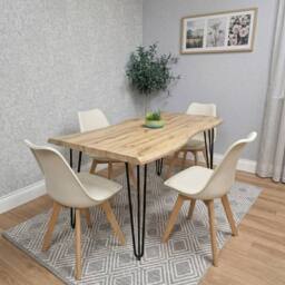 KOSY KOALA 140cm Dining Table with Metal Hairpin Legs & 4 Cream Dining Chairs Set in Brown