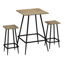 EONLION Oak 3 Pcs Square Breakfast Bar Table & 2 Stools Set in Light Oak