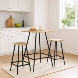 EONLION Oak 3 Pcs Square Breakfast Bar Table & 2 Stools Set in Light Oak - thumbnail 2
