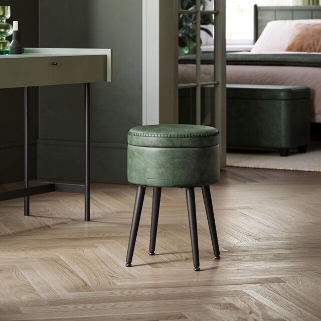 VASAGLE Round Storage Ottoman Dressing Stool Synthetic Leather Steel Legs in Green - image 1