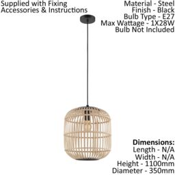 Loops Hanging Ceiling Pendant Light Black & Wicker Cage 1 x 28W E27 Feature Lamp - thumbnail 2
