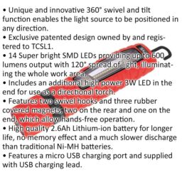 Loops 360Ã‚ ° Swivel Inspection Light - 14 SMD & 3W SMD LED - Rechargeable - Red - thumbnail 2
