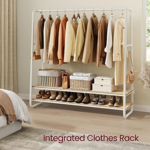 VASAGLE Bedroom Garment Rack Shelves Steel Rail Hooks Wardrobe Storage in Natural - image 1