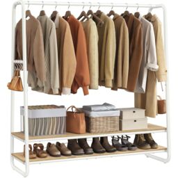 VASAGLE Bedroom Garment Rack Shelves Steel Rail Hooks Wardrobe Storage in Natural - thumbnail 6