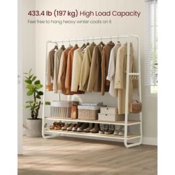 VASAGLE Bedroom Garment Rack Shelves Steel Rail Hooks Wardrobe Storage in Natural - thumbnail 3