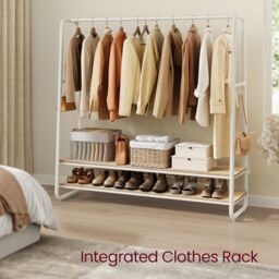 VASAGLE Bedroom Garment Rack Shelves Steel Rail Hooks Wardrobe Storage in Natural - thumbnail 1