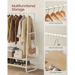 VASAGLE Bedroom Garment Rack Shelves Steel Rail Hooks Wardrobe Storage in Natural - thumbnail 5