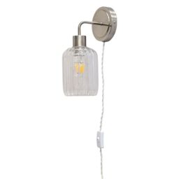 First Choice Lighting Toby - Satin Nickel Plug in Wall Light with Lozenge Ribbed Glass Shade in Silver