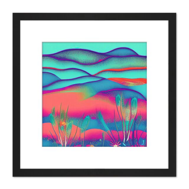 Artery8 Bright Vibrant Blue Coral Pink Landscape Hills Sand Dune Painting Square Wooden Framed Wall Art Print Picture 8X8 Inch in Black - image 1
