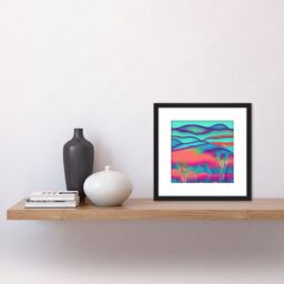 Artery8 Bright Vibrant Blue Coral Pink Landscape Hills Sand Dune Painting Square Wooden Framed Wall Art Print Picture 8X8 Inch in Black - thumbnail 2