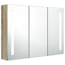 Berkfield Home LED Bathroom Mirror Cabinet 89x14x62 cm Oak in Grey - Size: 89 x 14 x 62 cm - thumbnail 2