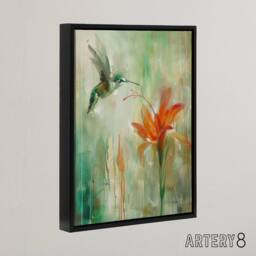 "Artery8 Daylily Flower & Hummingbird Framed Canvas Wall Art Print in Green - Size: W12"" x H16""" - thumbnail 2