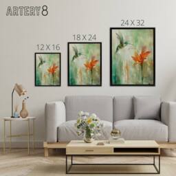 "Artery8 Daylily Flower & Hummingbird Framed Canvas Wall Art Print in Green - Size: W12"" x H16""" - thumbnail 4