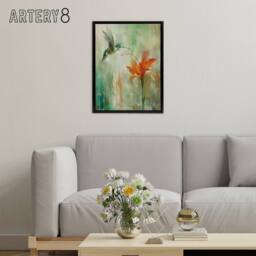 "Artery8 Daylily Flower & Hummingbird Framed Canvas Wall Art Print in Green - Size: W12"" x H16""" - thumbnail 3