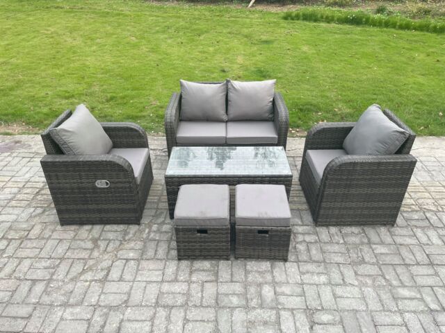 Fimous Outdoor Garden Furniture Sets 6 Seater Wicker Rattan Furniture Sofa Sets with Rectangular Coffee Table Reclining Chair in Dark Grey - image 1