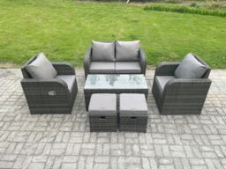 Fimous Outdoor Garden Furniture Sets 6 Seater Wicker Rattan Furniture Sofa Sets with Rectangular Coffee Table Reclining Chair in Dark Grey - thumbnail 2