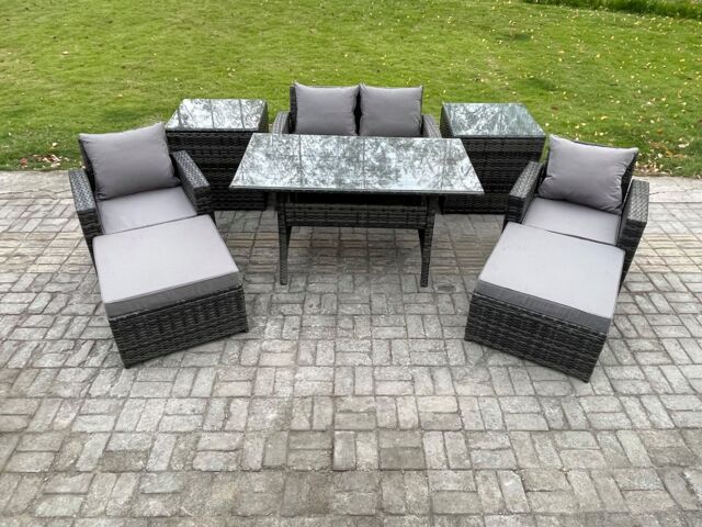 Fimous Outdoor Lounge Sofa Garden Furniture Set Rattan Rectangular Dining Table with Double Seat Sofa Armchair 2 Side Tables in Dark Grey