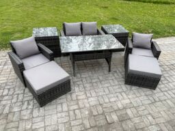 Fimous Outdoor Lounge Sofa Garden Furniture Set Rattan Rectangular Dining Table with Double Seat Sofa Armchair 2 Side Tables in Dark Grey - thumbnail 2