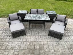 Fimous Outdoor Lounge Sofa Garden Furniture Set Rattan Rectangular Dining Table with Double Seat Sofa Armchair 2 Side Tables in Dark Grey - thumbnail 1