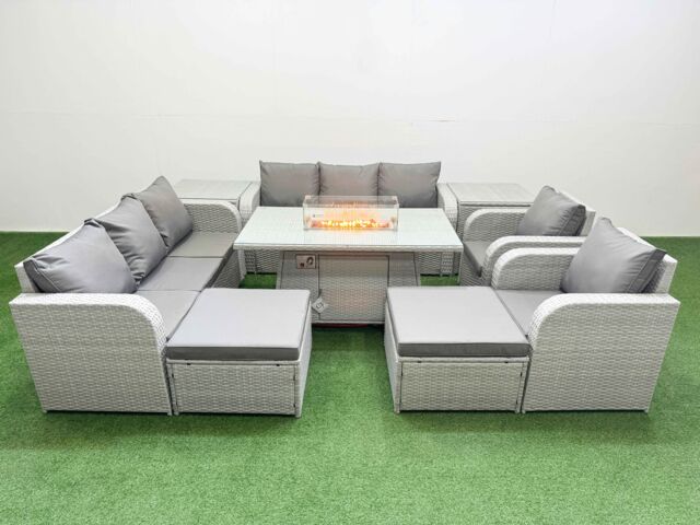 Fimous PE Rattan High Back Lounge Sofa Set Patio Firepit Dining Table & Chairs Set w/ 3 Seater Sofa Reclining Chair 2 Big Footstool 2 Side Table - image 1