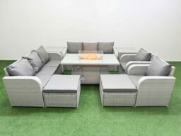 Fimous PE Rattan High Back Lounge Sofa Set Patio Firepit Dining Table & Chairs Set w/ 3 Seater Sofa Reclining Chair 2 Big Footstool 2 Side Table - thumbnail 1