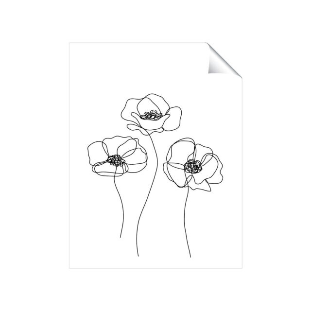 "Warren Reed - Designer Monochrome Line Drawn Poppies Unframed Art Print - Size: W12"" x H16""" - image 1