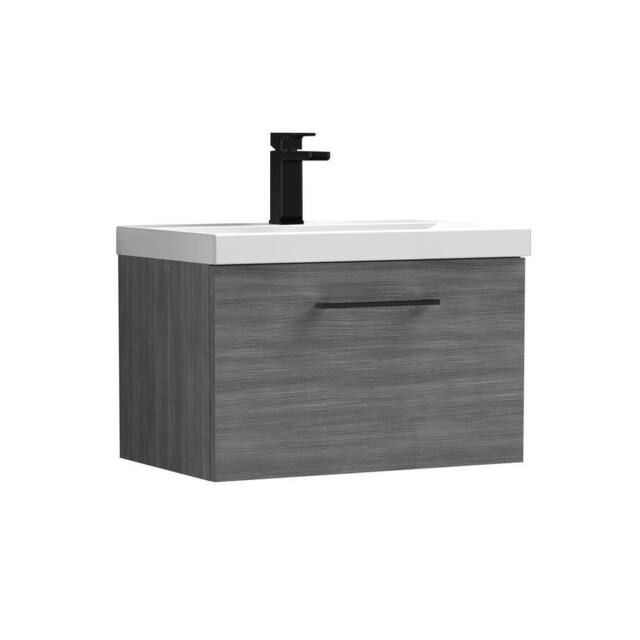 Balterley 600mm Wall Hung 1 Drawer Vanity, Woodgrain Anthracite, Black Handle in Grey - image 1