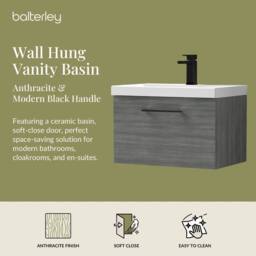 Balterley 600mm Wall Hung 1 Drawer Vanity, Woodgrain Anthracite, Black Handle in Grey - thumbnail 2