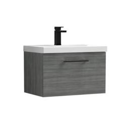 Balterley 600mm Wall Hung 1 Drawer Vanity, Woodgrain Anthracite, Black Handle in Grey - thumbnail 1