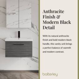 Balterley 600mm Wall Hung 1 Drawer Vanity, Woodgrain Anthracite, Black Handle in Grey - thumbnail 3