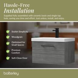 Balterley 600mm Wall Hung 1 Drawer Vanity, Woodgrain Anthracite, Black Handle in Grey - thumbnail 7