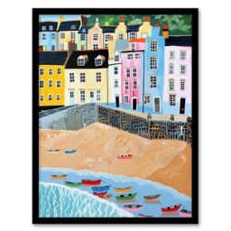 "Artery8 Tenby Beach Harbour Colourful Coastal Townscape Framed Art Print - Size: W12"" x H16""" - thumbnail 1