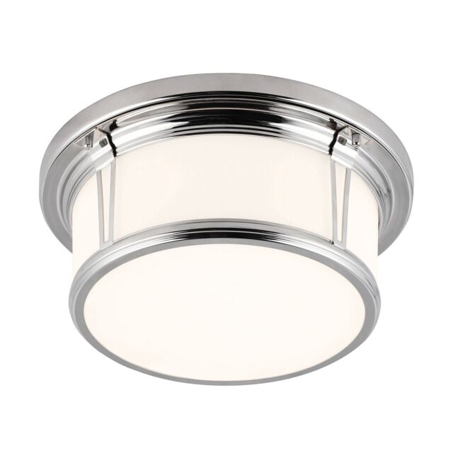 Loops IP44 2 Bulb Flush Light Opaque Glass Banded Metal Polished Chrome LED E27 60W in Clear