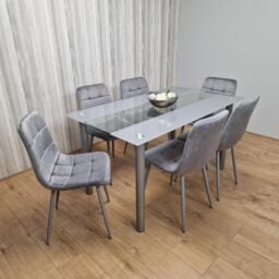 KOSY KOALA Dining Table & 6 Chairs Modern Grey Glass Table With 6 Grey Velvet Chairs Dining Room Furniture in Brown - thumbnail 4
